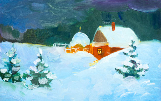 bildbanksillustrationer, clip art samt tecknat material och ikoner med oljemålning natt landskap. lantligt hus på vintern. vinter landskap, snö, snödrift, staket. natt, kväll, hydda. en stark silhuett av träd, granar, skogar. målning, olja - winter wonderland