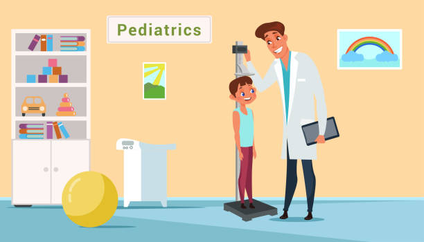 Kid in pediatrics clinic flat illustration Kid in pediatrics clinic flat illustration. Senior pediatrician measuring boy height. Scared toddler in medical office isolated clipart. Medic and patient cartoon characters. Doctor appointment junior high age stock illustrations