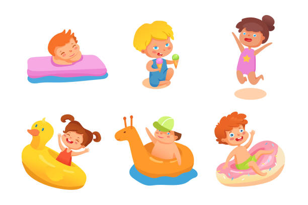 여름 활동 어린이를 위한 평면 삽화 세트 - swimming pool child water park inflatable stock illustrations