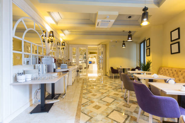 istock Interior of a  hotel restaurant with buffet table 1144644036