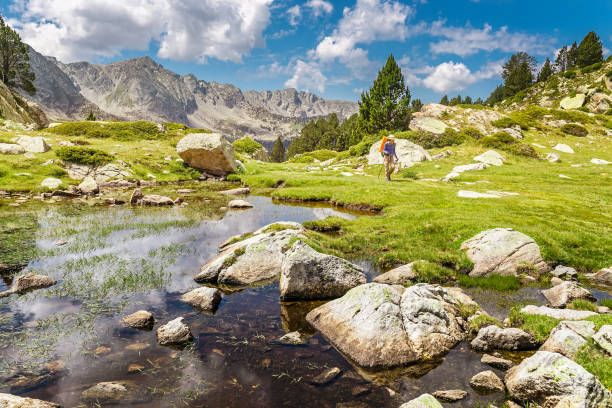 Impressive view of Pyrenees landscape in Andorra, with woman hiker Impressive view of Pyrenees landscape in Andorra, with woman hiker andorra photos stock pictures, royalty-free photos & images