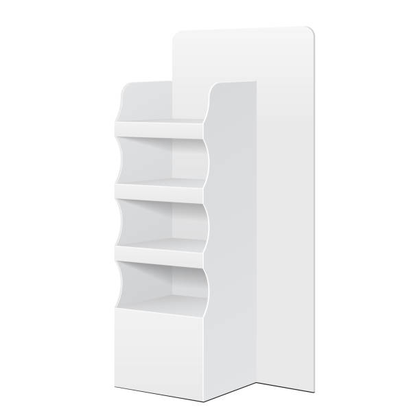 istock White POS POI Cardboard Floor Display Rack For Supermarket Blank Empty Displays With Shelves Products On White Background Isolated. Ready For Your Design. Product Packing. Vector EPS10 1144647902