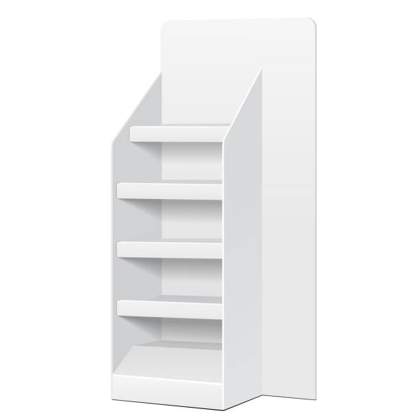 istock White POS POI Cardboard Floor Display Rack For Supermarket Blank Empty Displays With Shelves Products On White Background Isolated. Ready For Your Design. Product Packing. Vector EPS10 1144647918
