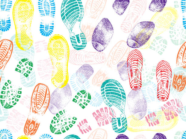 ilustraciones, imágenes clip art, dibujos animados e iconos de stock de colorido patrón sin costuras de estampados de calzado (huellas). ilustración vectorial - andar ilustraciones