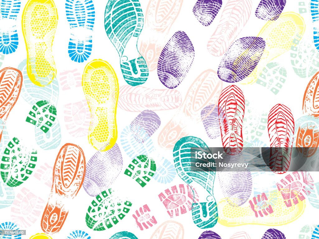 Colorful seamless pattern of shoe prints (footprints). Vector illustration Walking stock vector