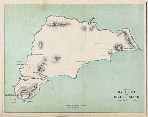 ilustraciones, imágenes clip art, dibujos animados e iconos de stock de mapa de isla de pascua-19th siglo - chile map topography topographic map