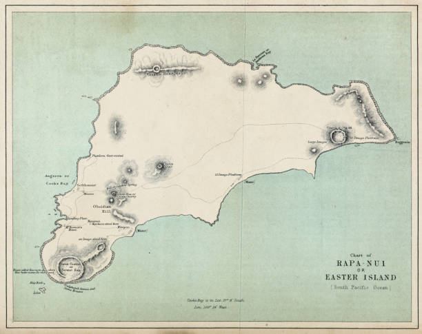 illustrazioni stock, clip art, cartoni animati e icone di tendenza di mappa dell'isola di pasqua- xix secolo - chile map topography topographic map