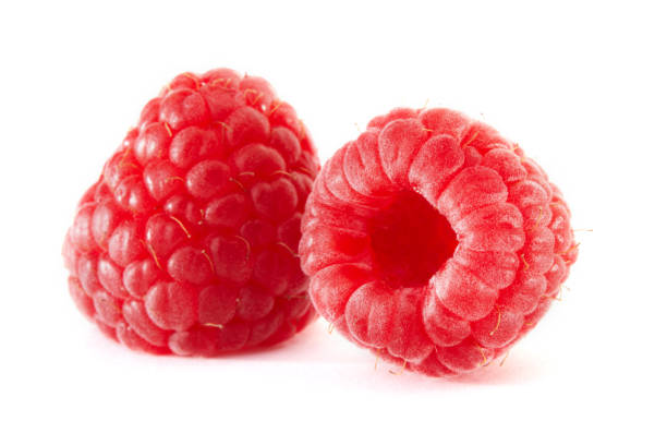 istock Ripe red fresh raspberries with green leaf isolated on white background. top view. Raspberries closeup macro. Collection 1144652331