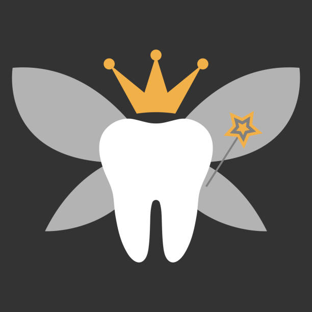 Tooth Fairy Molar with fairy wings, crown, and magic wand dental gold crown stock illustrations