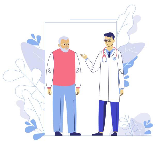 Concetto di medicina con medico e vecchio paziente su base vegetale. - illustrazione arte vettoriale