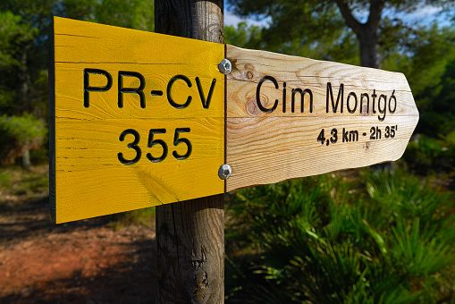 Climb to Montgo mountain track road sign in Javea Denia of Alicante in Spain