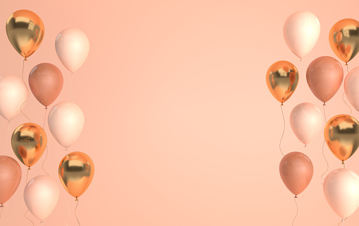 Illustration of glossy beige and gold balloons on pastel colored background. Empty space for birthday, party, promotion social media banners, posters. 3d render realistic balloons