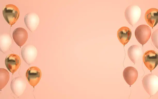 Photo of Illustration of glossy beige and gold balloons on pastel colored background. Empty space for birthday, party, promotion social media banners, posters. 3d render realistic balloons