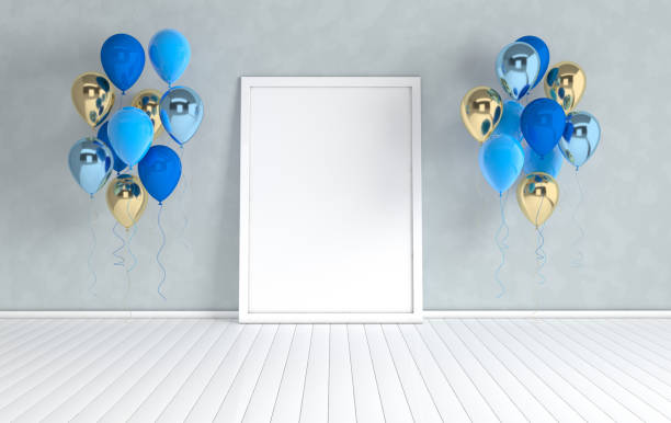istock 3d render interior with realistic glossy purple metallic foil and colorful balloons and empty poster frame in the room. Empty space for party, promotion social media banners, posters. 1144663599