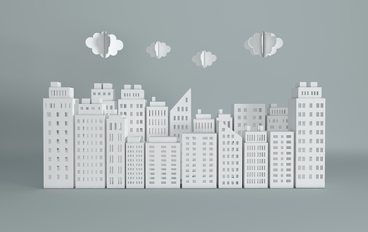 White paper skyscrapers and clouds. Achitectural building in panoramic view. Modern city skyline building industrial paper art landscape skyscraper offices. 3d rendering illustration