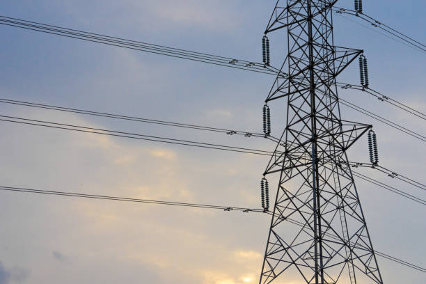 istock Electricity concept. Close up high voltage power lines station. 1144664996