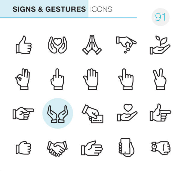Gestures - Pixel Perfect icons 20 Outline Style - Black line - Pixel Perfect icons / Hand Signs and Gestures Set #91 / Icons are designed in 48x48pх square, outline stroke 2px.

First row of outline icons contains: 
Thumbs Up, Heart in Human Hands, Praying icon, Hand giving coins, Holding a Sprout;

Second row contains: 
OK Sign, Obscene Gesture, High Five, Pointing, Peace Sign - Gesture;

Third row contains: 
Directing, Hands Cupped, Credit Card Payment, Heart in Human Hand, Gun Sign; 

Fourth row contains: 
Fist icon, Handshake, High - Five, Holding Mobile Phone, Smart Hand Watch.

Complete Primico collection - https://www.istockphoto.com/collaboration/boards/NQPVdXl6m0W6Zy5mWYkSyw index finger illustrations stock illustrations