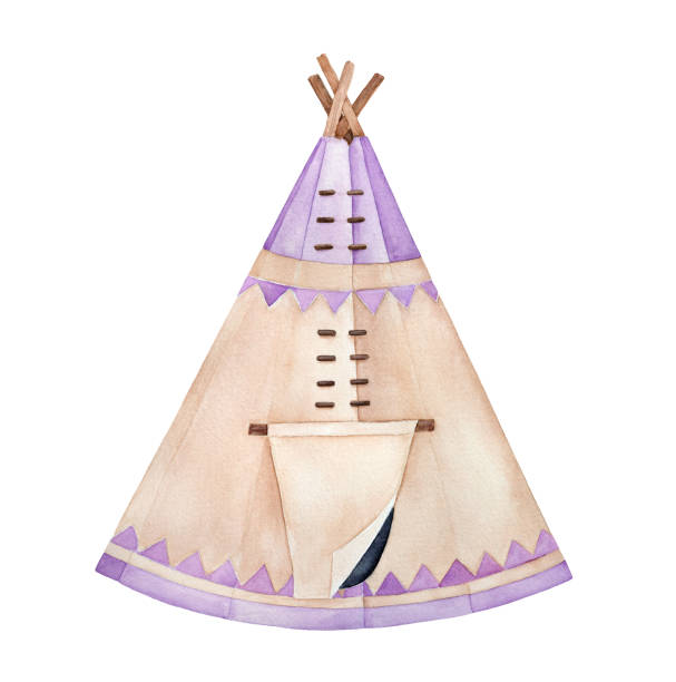 伝統的なライトブラウンの tipi は木製のポールとカバーで、パステルパープルの三角飾りで飾られています。北アメリカのインディアンテント。handdrawn 水彩画のドローイング、カットアウト - wigwam tent north american tribal culture indigenous culture点のイラスト素材／クリップアート素材／マンガ素材／アイコン素材