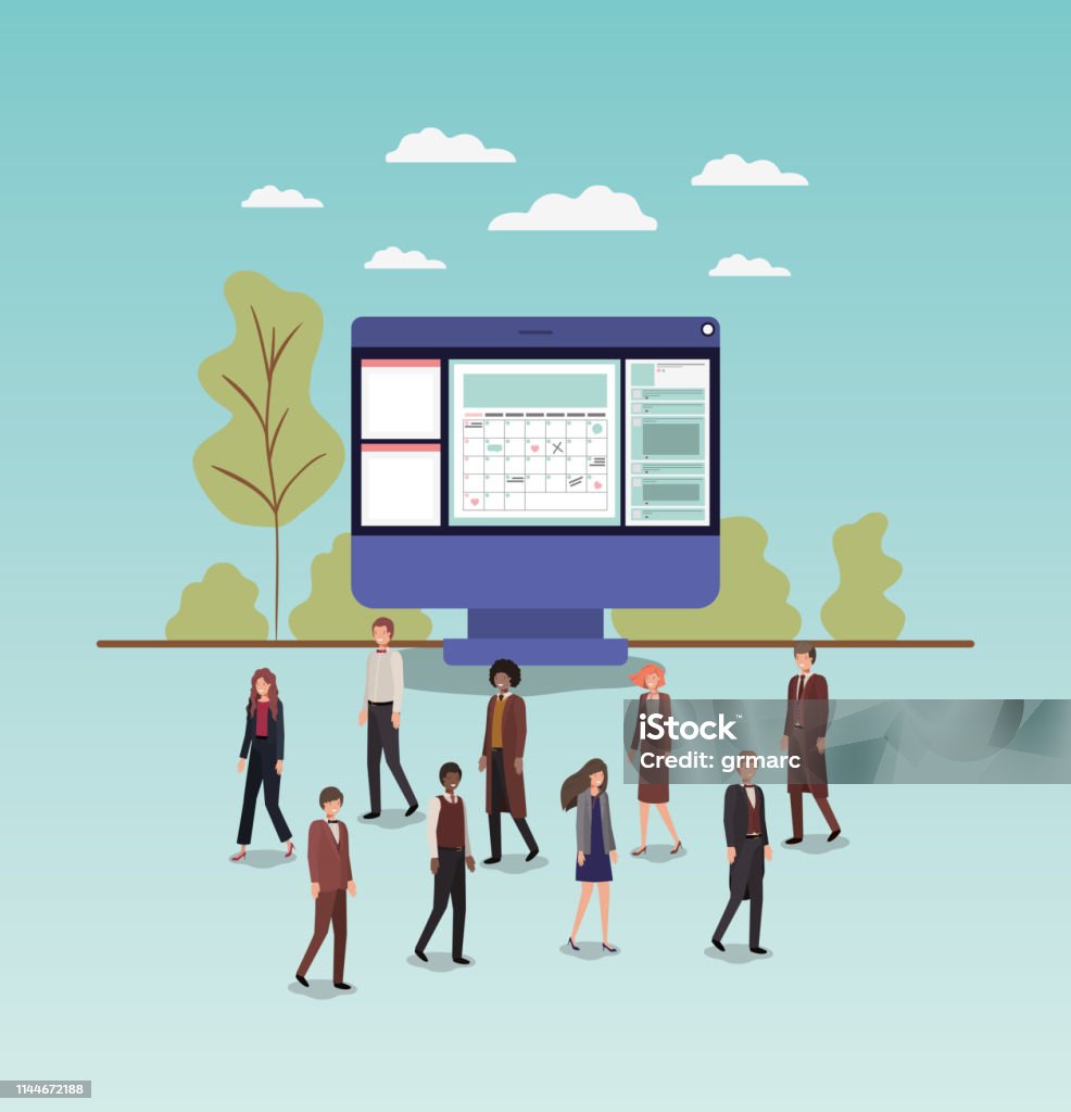 Mini People Working In Computer Desktop Stock Illustration - Download ...