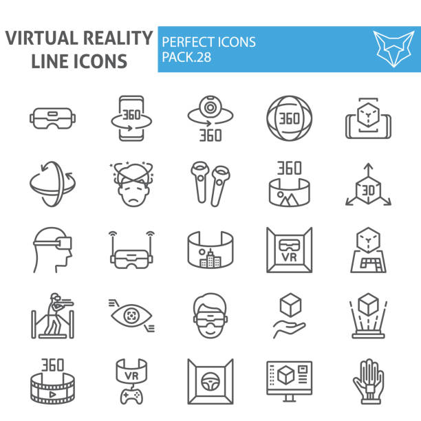 Virtual reality line icon set, augmented reality symbols collection, vector sketches, logo illustrations, game simulation signs linear pictograms package isolated on white background. Virtual reality line icon set, augmented reality symbols collection, vector sketches, logo illustrations, game simulation signs linear pictograms package isolated on white background, eps 10. virtual reality icon stock illustrations