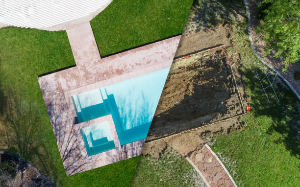 Aerial of Before and After Pool Build Construction Site stock photo