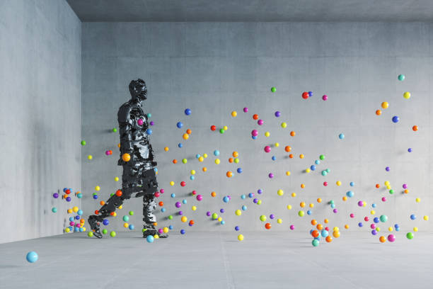 istock Businessman in concrete room with flowing abstract particles 1144677042