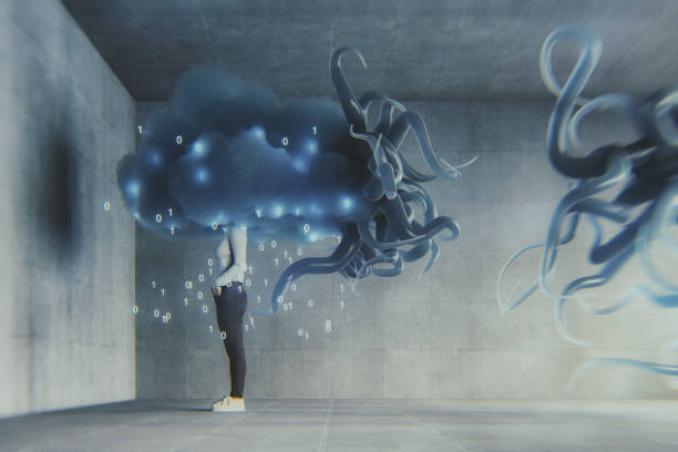 istock Woman in concrete room with flowing VR cloud tentacles 1144677283