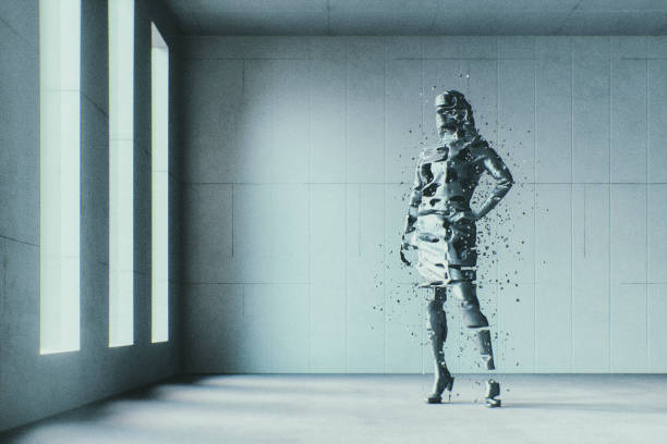 businesswoman disintegrating in the modern concrete office - broken window concrete wall imagens e fotografias de stock