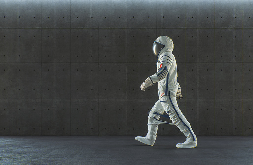 Empty modern concrete office with walking spaceman. This is entirely 3D generated image.
