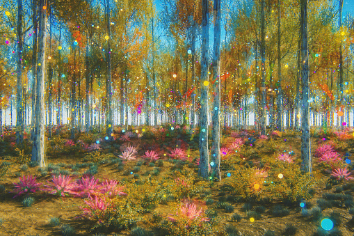 Fantasy forest. This is entirely 3D generated image with a paint over.