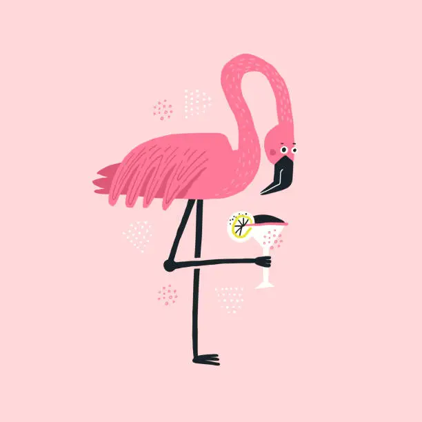 Vector illustration of Flamingo with cocktail hand drawn illustration