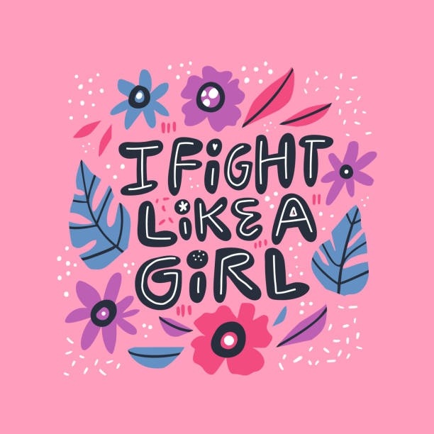 Humoristic girl power hand drawn quote Humoristic girl power hand drawn quote. Fight like a girl stylized lettering, typography in Scandinavian style floral frame. Ironic saying, message, phrase t-shirt print, postcard, phone case design phone cover isolated stock illustrations