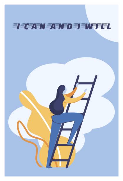 Flat Illustration I Can and I Will Lettering. Flat Illustration I Can and I Will Lettering. Woman Climbs Stairs on Background Clouds. Motivation Helps You Find Strength to Overcome Obstacles. Strong Inspirational Saying Cartoon. letter i stock illustrations