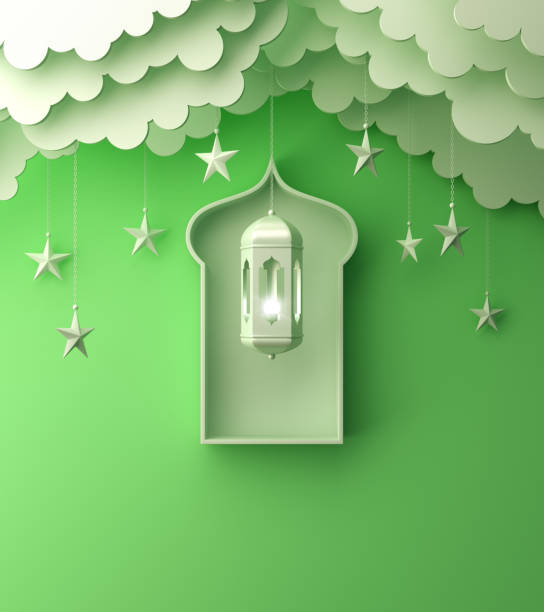 istock Arabic lantern, cloud, crescent, on green pastel background copy space text 1144687524