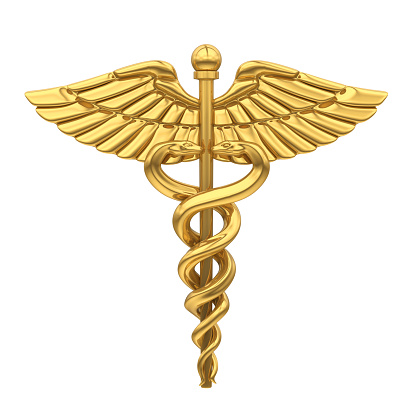 Healthcare and medicine concept. Caduceus is ancient symbol of medicine and health science. 3D rendered, gold color caduceus symbol on gray background. Large copy space. Thanks to clipping path feature, background can change or crop object easly.