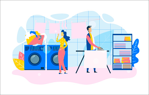 Ehemann Hilft Ehefrau Im Haushalt Motiviert Cartoon Stock Vektor Art Und Mehr Bilder Von Wäsche
