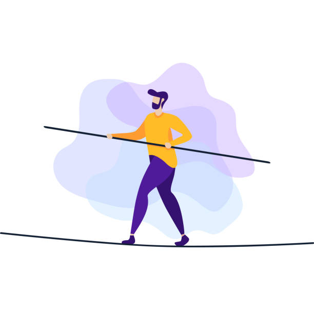 Risk and Danger Challenge Man on Rope Flat Banner Man Walking Balancing with Briefcase on Long Wire Tightrope Risk Danger Business Challenge Human Determination Motivate Vector Flat Design Cartoon Inspiration Illustration Conquering Adversity Problem tightrope stock illustrations