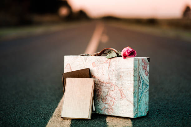 istock travel suitcase with rose and books on road 1144696632