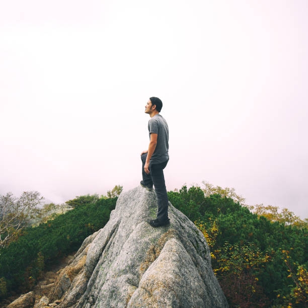 Traveler trekking on mountain.