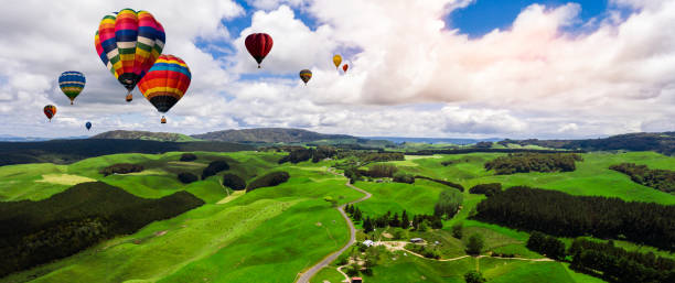 istock Beautiful landscape with hot air balloons. 1144696706