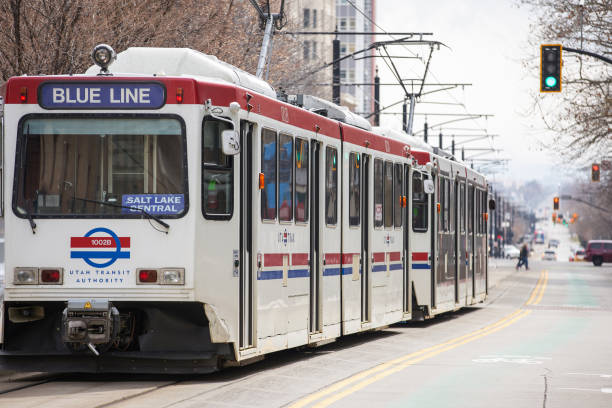 Salt Lake City, UT, USA - March 15, 2019: Utah Trax electric trolley on rails