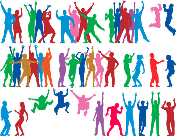 illustrazioni stock, clip art, cartoni animati e icone di tendenza di ballerini (tutte le persone sono complete e spostabili) - cheering group of people silhouette fan