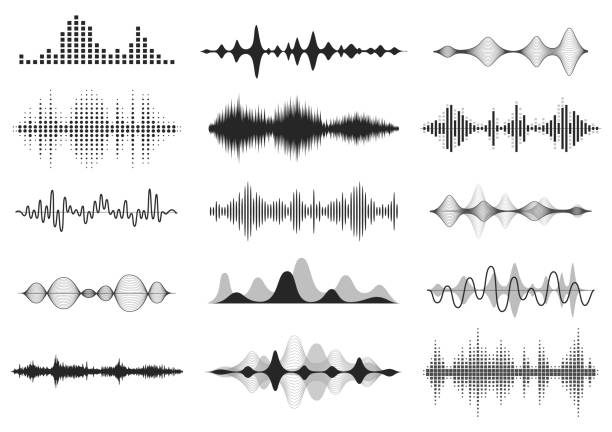 ilustraciones, imágenes clip art, dibujos animados e iconos de stock de ondas sonoras negras. frecuencia de audio música, forma de onda de línea de voz, señal de radio electrónico, volumen símbolo. las ondas de radio vectoriales establecidas - sound wave sound mixer frequency wave pattern