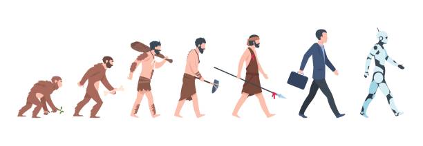 ilustrações, clipart, desenhos animados e ícones de evolução humana. macaco ao conceito dos desenhos animados do homem de negócios e do cyborg, do macaco antigo ao crescimento do homem. evolução da humanidade do vetor - mankind