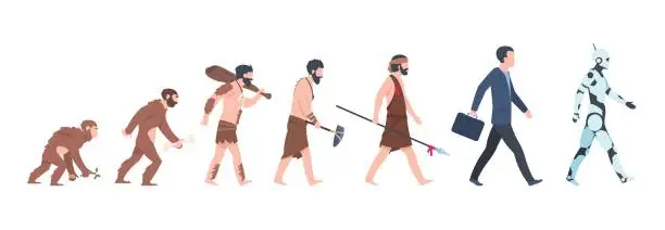 Vector illustration of Human evolution. Monkey to businessman and cyborg cartoon concept, from ancient ape to man growth. Vector mankind evolution