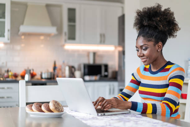 istock Afro Woman using laptop at home 1144711987