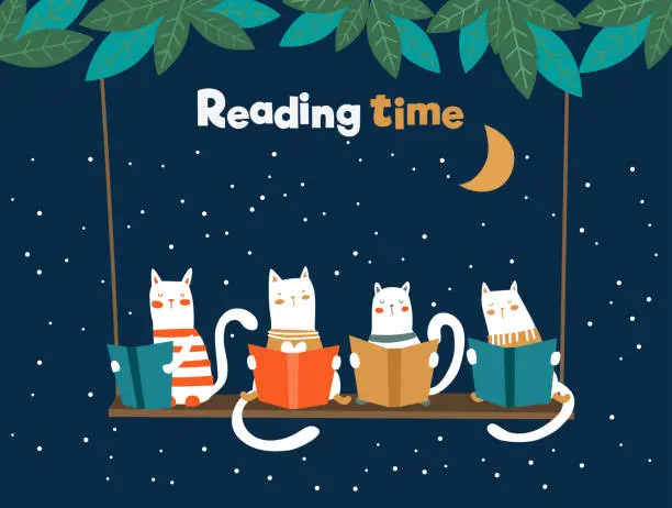 Vector illustration of Funny cats reading books on swing