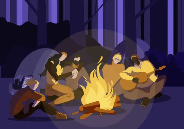 Vector illustration of Young People Sitting Around Campfire at Night Time