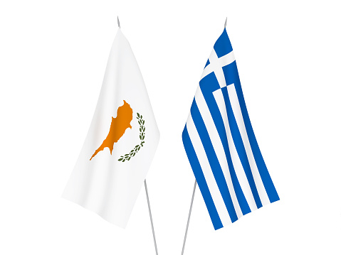 National fabric flags of Greece and Cyprus isolated on white background. 3d rendering illustration.