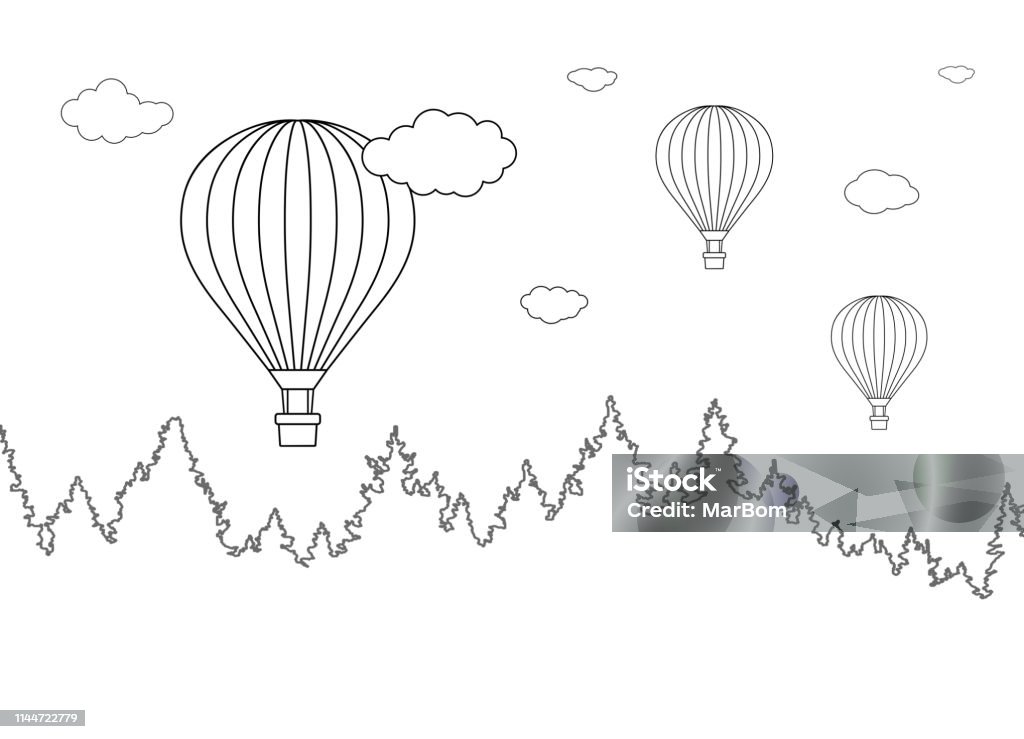 Vector illustration of landscape with forest and flying hot air balloons for coloring page Hot Air Balloon stock vector